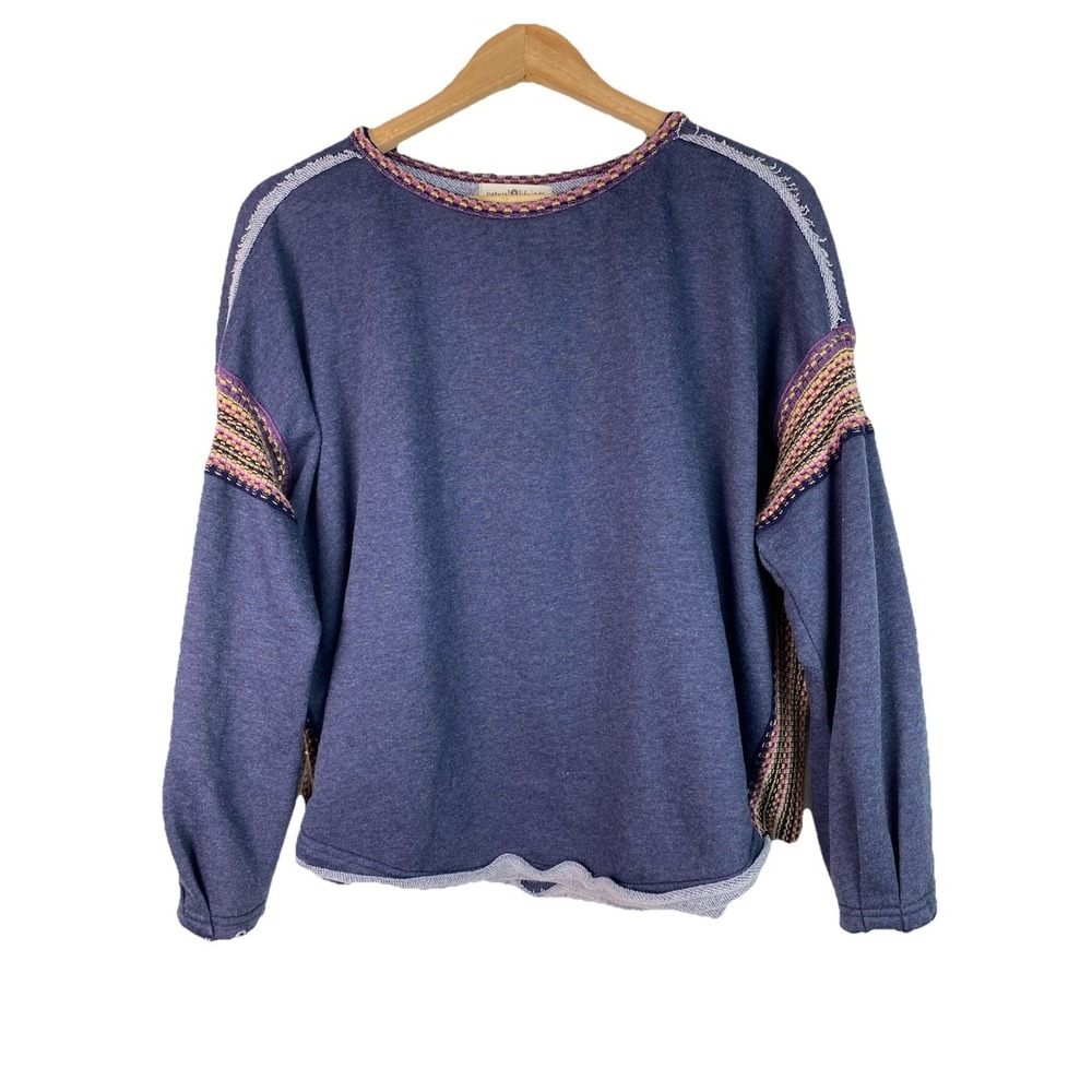 Natural Life Women's S/M Blue Purple Knit Boxy Rolled Hem Boho Sweatshirt
